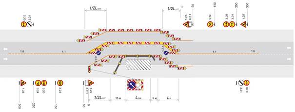 Двухполосная дорога. Рабочая зона долговременных работ на полосе движения. Пропуск транспортных средств встречных направлений по одной полосе с помощью светофорного регулирования при ограниченной видимости