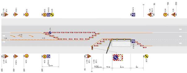 Трехполосная дорога. Рабочая зона долговременных работ на средней полосе движения. Пропуск транспортных средств по двум крайним полосам