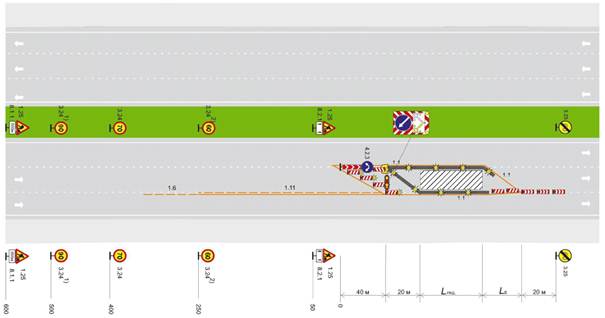 Автомагистраль, скоростная дорога, шестиполосная дорога обычного типа. Рабочая зона долговременных работ на крайней левой и средней полосах движения. Пропуск транспортных средств по одной полосе и обочине